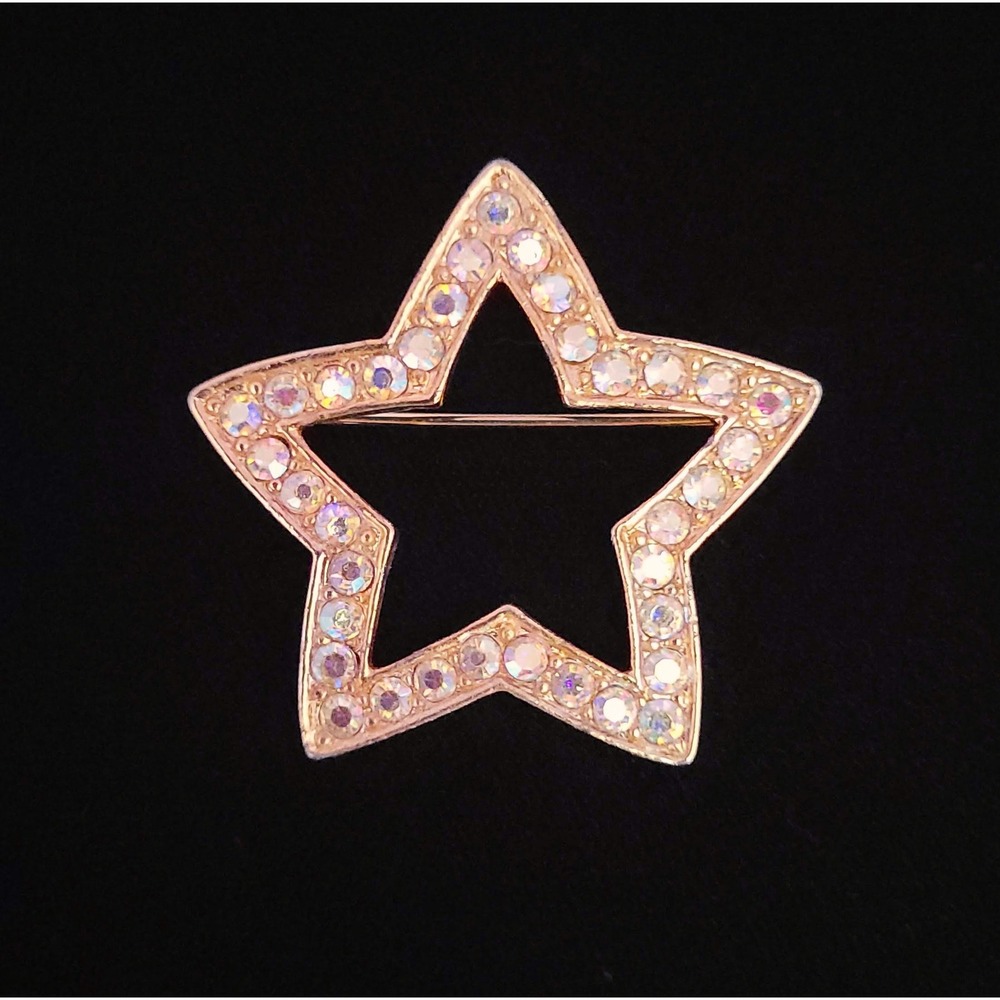 Vintage Gold Tone Aurora Borealis AB Rhinestone Open Star Brooch Celestial Pin